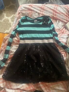 Justice Black and Teal Striped Sequin Tulle Dress with Silver Waistband